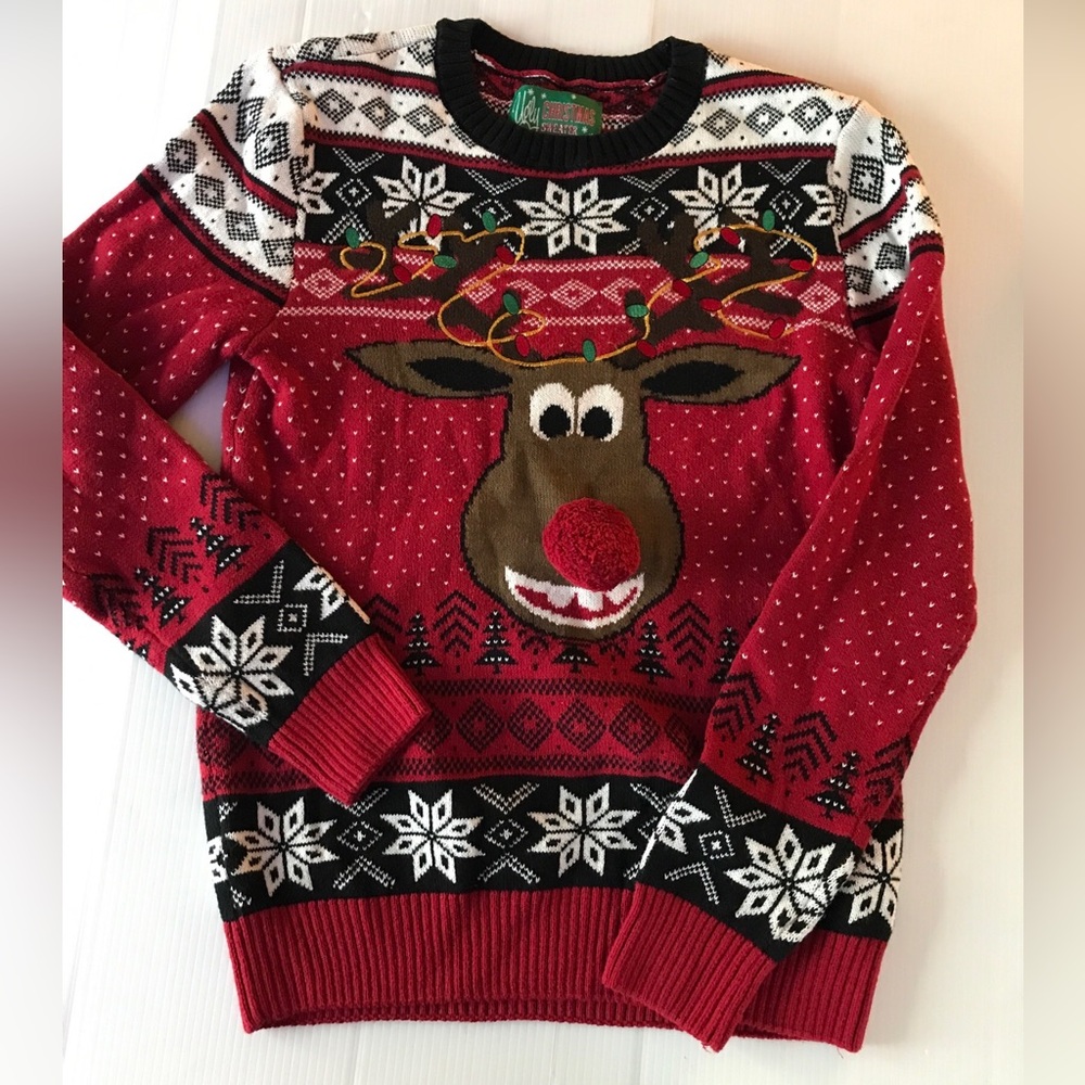 Ugly Christmas Sweater Reindeer With Puffy 3D Nose Pullover Sweater Medium